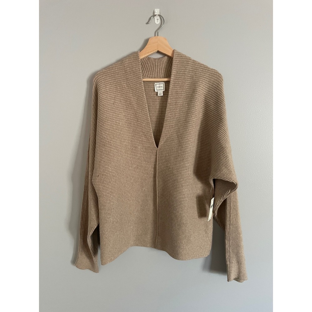 Maeve Ribbed Sweater Womens L Taupe Deep V-Neck Pullover Anthropologie Boho